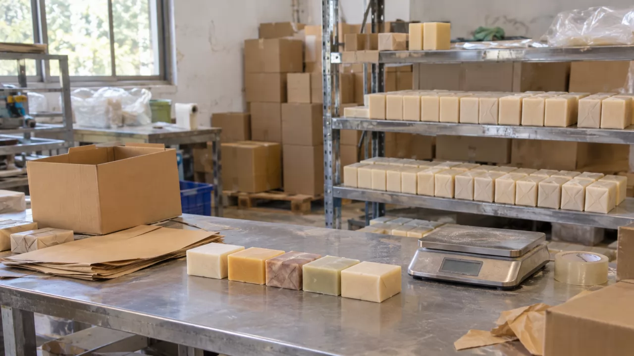 product-1280-720 Verpackungsbereich mit Musterseifen, Kartons und Waage in einer kleinen Seifenmanufaktur